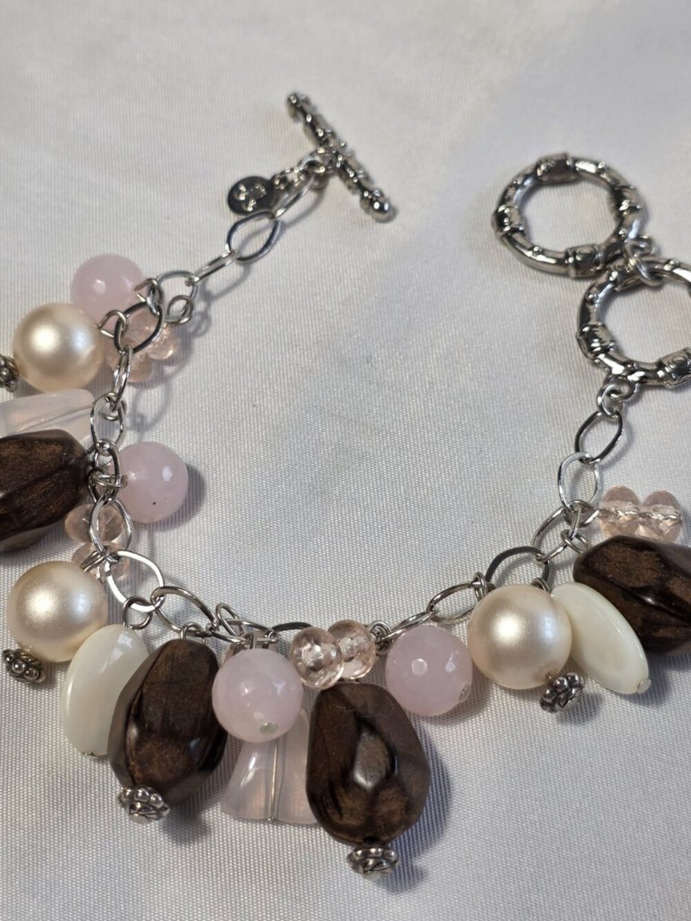 JJ Floral Silver Tone Beaded Charm Dangle Bracelet Brown, Pink & White Beads